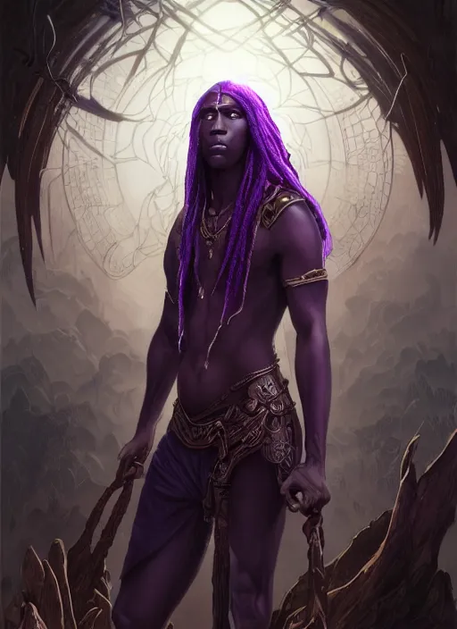 Image similar to dark skinned half elf, purple dreadlocks, god of illithid, fantasy, extremely detailed, digital painting, artstation, concept art, smooth, sharp focus, illustration, stunning lighting, art by artgerm and greg rutkowski and alphonse mucha and simon stalenhag, realistic character concept, high fantasy, light atmosphere, golden ratio, cinematic lighting, hyperdetailed, high resolution, insanely detailed and intricate, artstation, Marc Simonetti, Greg Rutkowski