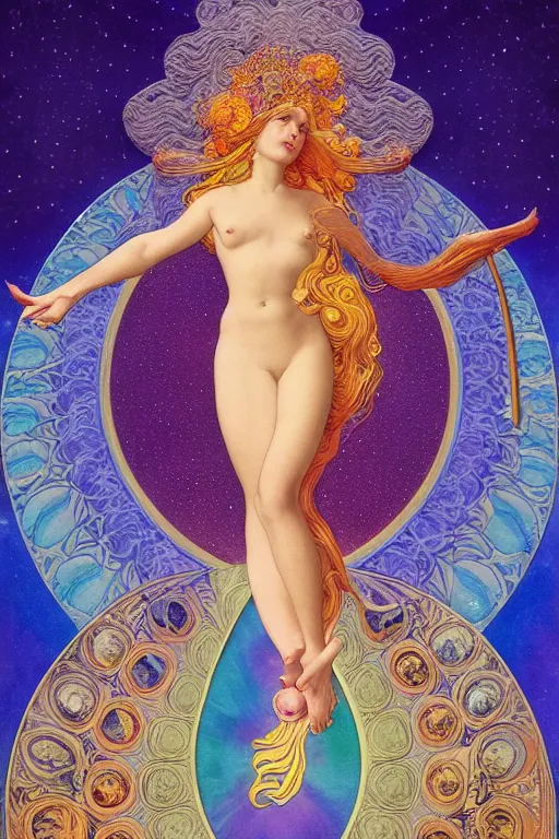 Prompt: beautiful goddess of space and dreams by maxfield parrish, mandala, coherent design, symmetrical, vivid colors, digital watercolor ink illustration painting, complementary color, golden ratio, detailed, sharp lines, sharp focus, intricate, rainbowshift, artgerm, gustave dore, alphonse mucha, octane render