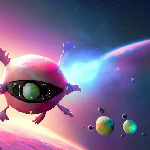 Image similar to 3D Fantasy Cute and adorable alien piggy spacecraft flying through space, bright stars, Smooth 3D Illustration, soft render, Servando Lupini, Daniil Kudriavtsev, handpaint texture, Blender, 3DCoat