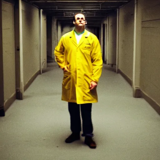 Image similar to flash low quality photograph of a male scientist wearing a lab coat standing lost in the backrooms, mustard - yellow old moldy moist carpet room, empty liminal space, very dark shadows, broken fluorescent lighting, horror movie scene, film grain