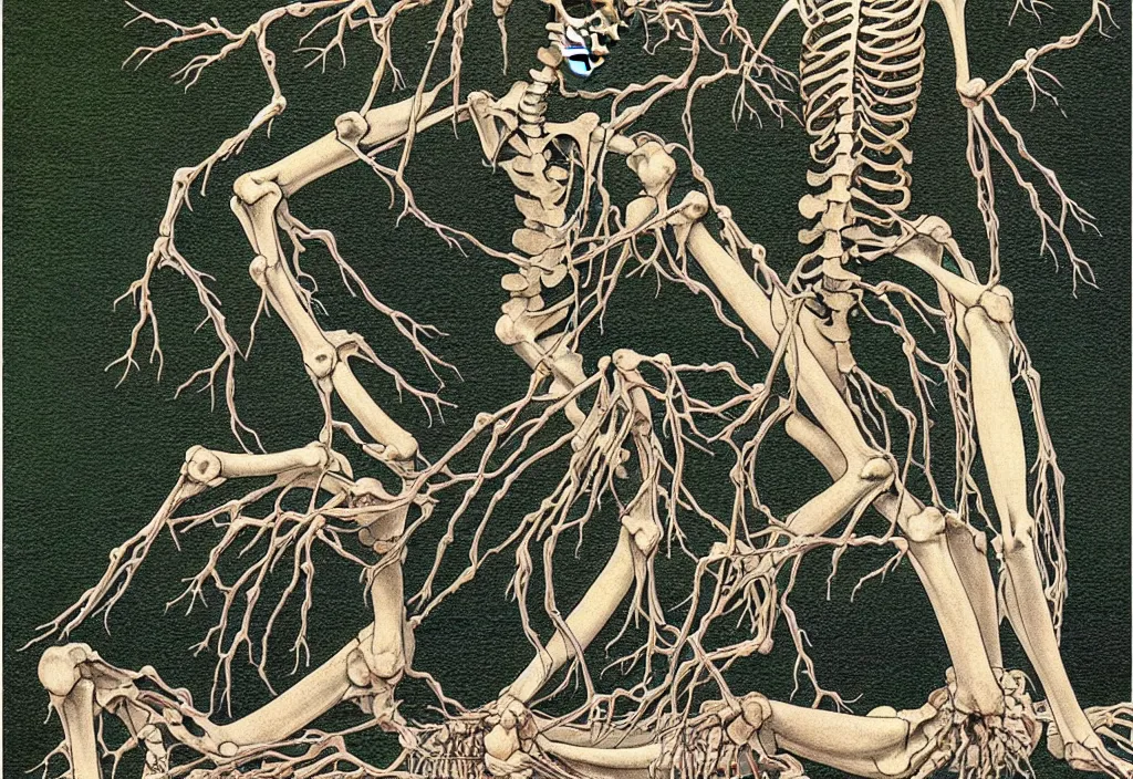 Image similar to prompt: anatomy dissection drawing skeleton Bonsai tree drawn by Takato Yamamoto, bonsai skeleton anatomy atlas, veins and organs attached to tree roots, alchemical objects inspired by 1980's sci-ci, old experimentation cabinet, intricate oil painting detail, manga 1980