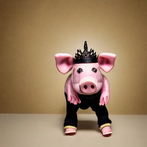 Image similar to studio photograph of a pig wearing a gold crown depicted as a muppet karate full body
