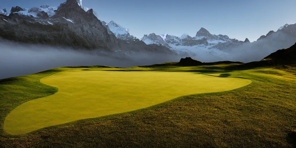 Prompt: a great photograph of the most amazing golf hole in the world, perfect light, in the swiss alps, high above treeline, ambient light, 5 0 mm, golf digest, top 1 0 0, fog