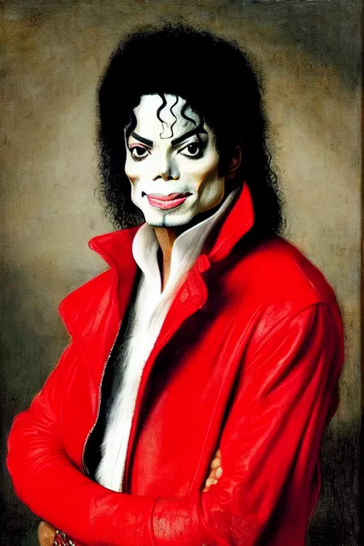 Prompt: high quality celebrity portrait of michael jackson from thriller, portrait of michael jackson in red jacket with white glove painted by the old dutch masters, rembrandt, hieronymous bosch, frans hals, symmetrical detail