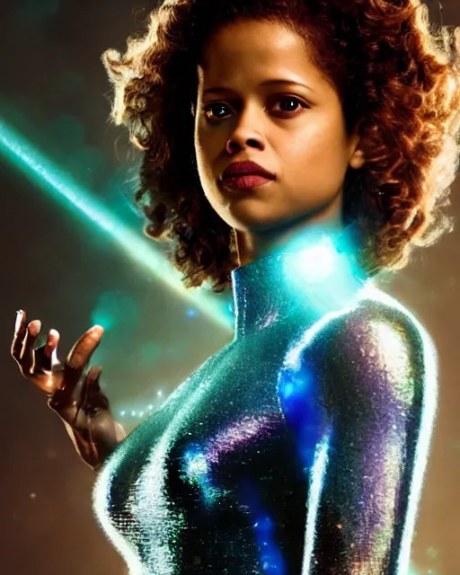 Image similar to drew struzan style movie poster of gugu mbatha - raw dressed as sue storm, the invisible woman from the fantastic four, with her hands held up, she is generating an iridescent bubble of particles around her body in the form of a shimmering bubble force field, soft focus, bokeh, 5 0 mm