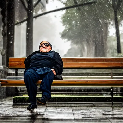 Prompt: danny devito on a bench raining, ( sony a 7 r iv, symmetric balance, polarizing filter, photolab, lightroom, 4 k, dolby vision, photography awardm, voque, perfect face )