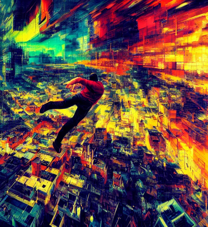 Prompt: realistic detailed image of a man jumping of a roof of ruined city by adrian ghenie and franz marc, high quality, ultra detailed. masterpiece, oil on canvas painting, pixel sorting, glitch, datamosh. bold and vivid acid neon colors. 8 k