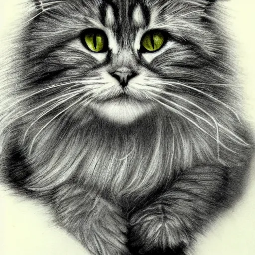 Image similar to long - haired siberian cat, illustration, charcoal, coulson, peter