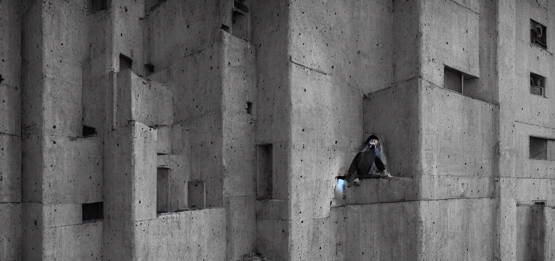 Image similar to the oldest hippy on earth, with a very long beard, standing atop a brutalist concrete building, cinematic shot, hyper realistic, hyper detailed