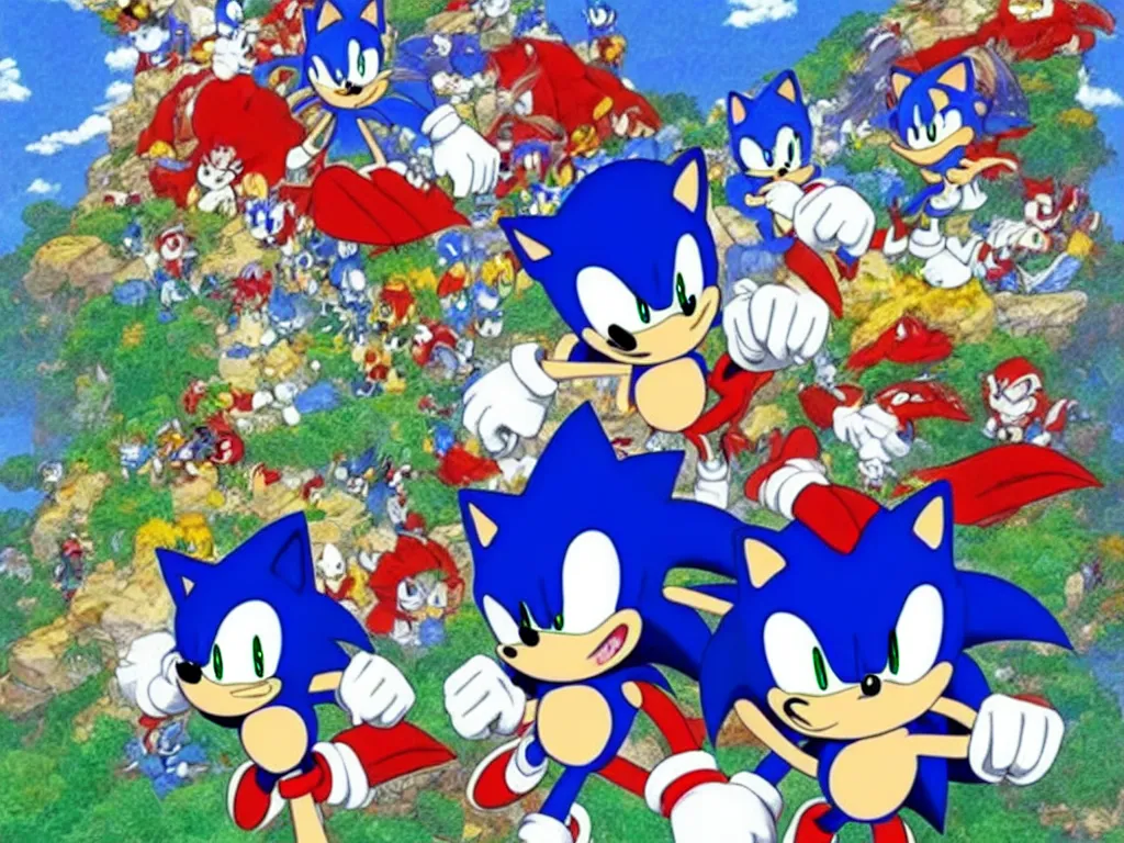 Prompt: Sonic the Hedgehog in the style of Studio Ghibli