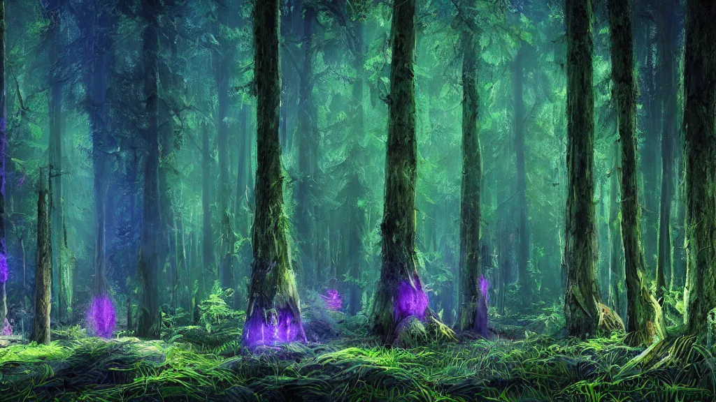 Image similar to portrait of an ethereal evergreen forest made of green and purple light with log cabin made of blue light, divine, cyberspace, mysterious, dark high-contrast concept art