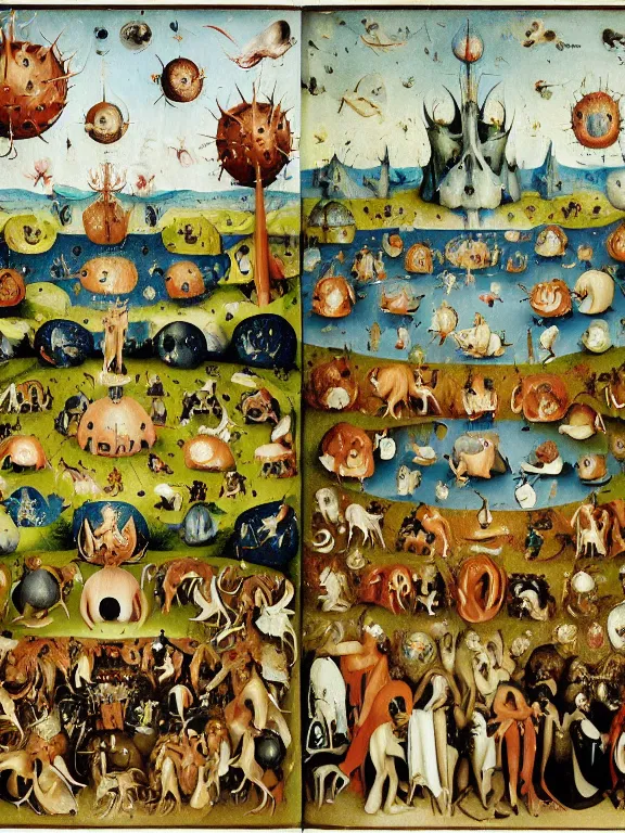 Prompt: A detailed painting of the garden of earthly delights by hieronymus bosch,ethereal,eldritch,maximalism,glittering,by farel dalrymple and Masamune Shirow,Trending on artstation