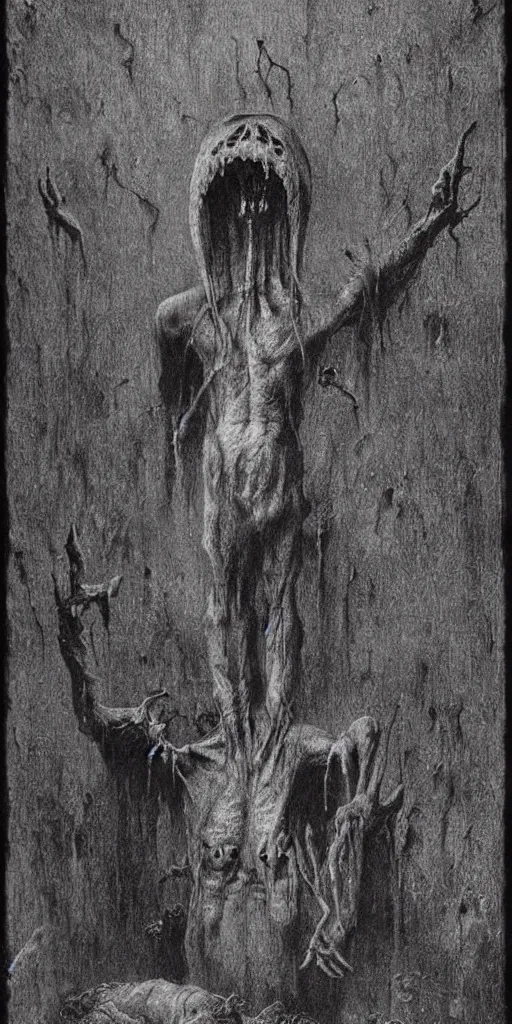Image similar to demonic alien with long fingers at the foot of the bed in a dark room, tombstones, cows, beksinski