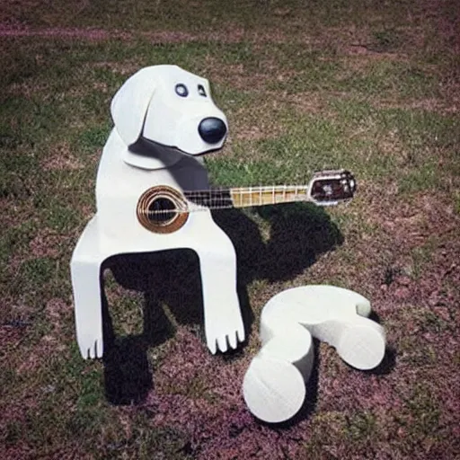 Image similar to “ a white bipedal dog playing the guitar, sitting at bench, photoreal, photo, realistic ”