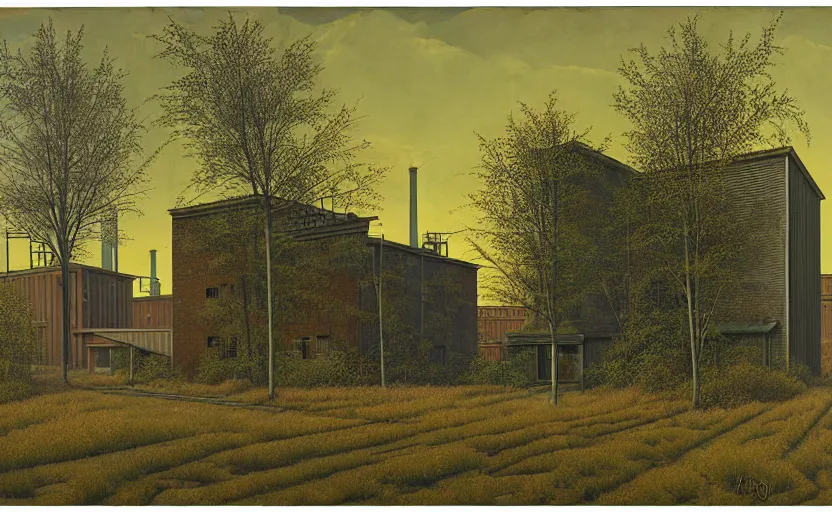 Image similar to industrial buildings surrounded by undergrowth by clarence holbrook carter