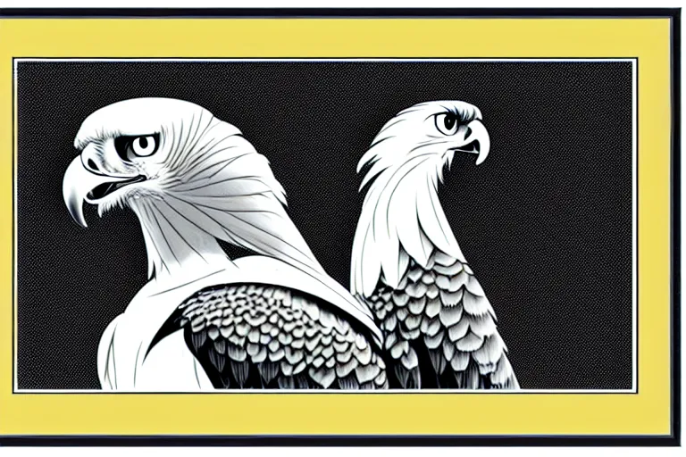 Prompt: side view of harpy eagle, framed photo hanging above couch, carl barks, cross hatching, yellow and black