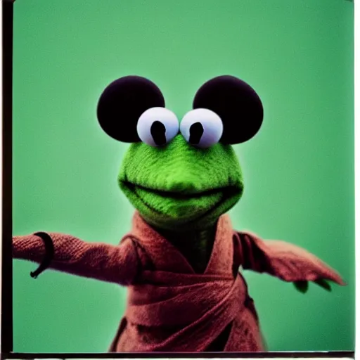 Image similar to Kermit the frog as Obi Wan, lightsaber lighting, polaroid photo, white frame, by Warhol,