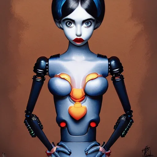 Image similar to Lofi portrait with robot, Pixar style by Joe Fenton and Stanley Artgerm and Tom Bagshaw and Tim Burton