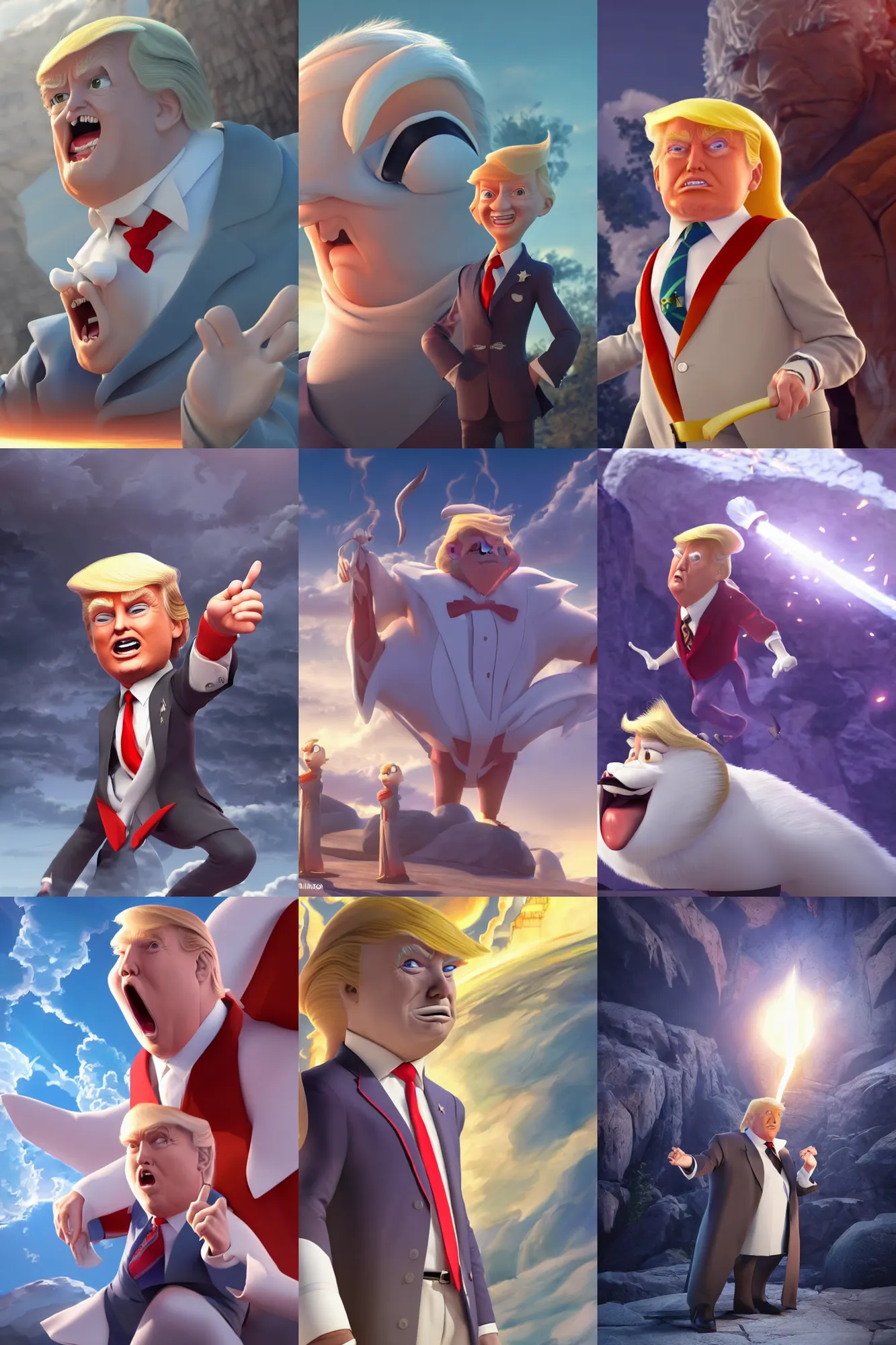 Prompt: a donald trump as mr. nimbus, mr. nimbus character design, sharp, rendered in unreal engine 5, anime key art by glen keane, ross tran, bloom, dramatic lighting, sunrise