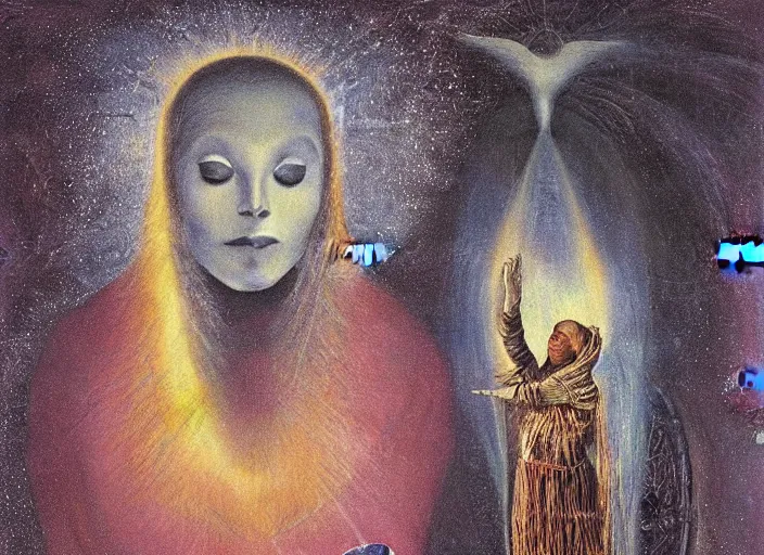 Prompt: a shaman mystic woman spirit holding up the cosmic!! universe, by remedios varo, reflection, symbolist, magic colors, dramatic lighting, smooth, sharp focus, extremely detailed, aesthetically pleasing composition