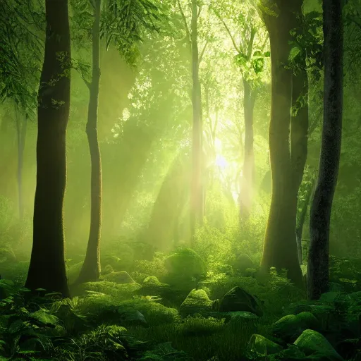 Image similar to A lush green forest in the morning; rays of light coming through the canopy; trending on artstation