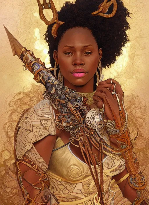 Prompt: Gina Tores as a beautiful african warrior woman, intricate, elegant, highly detailed, centered, digital painting, artstation, concept art, smooth, sharp focus, illustration, art by artgerm and donato giancola and alphonse mucha