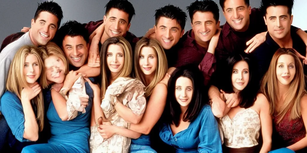 Image similar to the cast of friends but everyone is joey tribianni