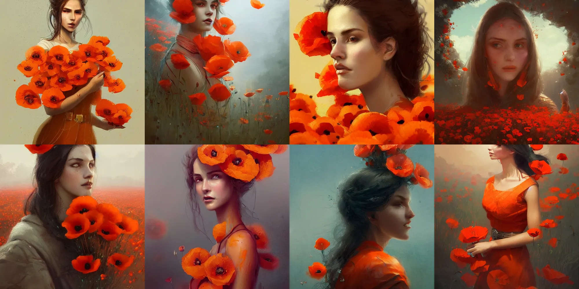 Prompt: portrait of beautiful women in poppies and oranges, digital art, concept art, illustration, character by greg rutkowski, trending on artstation