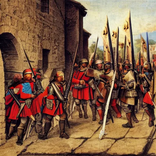 Prompt: line of renaissance soldiers in brightly colored uniforms with halberds as musketeers fire behind them, they are in a tight street surrounded by medieval stone buildings, dying earth, illustration, rpg