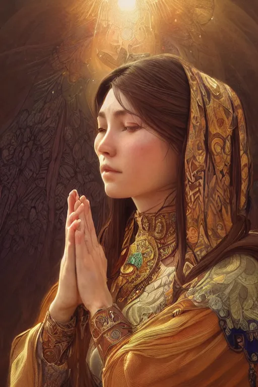 Image similar to ultra realistic illustration, a stunningly beautiful shaman girl praying, intricate, elegant, highly detailed, digital painting, artstation, concept art, smooth, sharp focus, illustration, art by artgerm and greg rutkowski and alphonse mucha