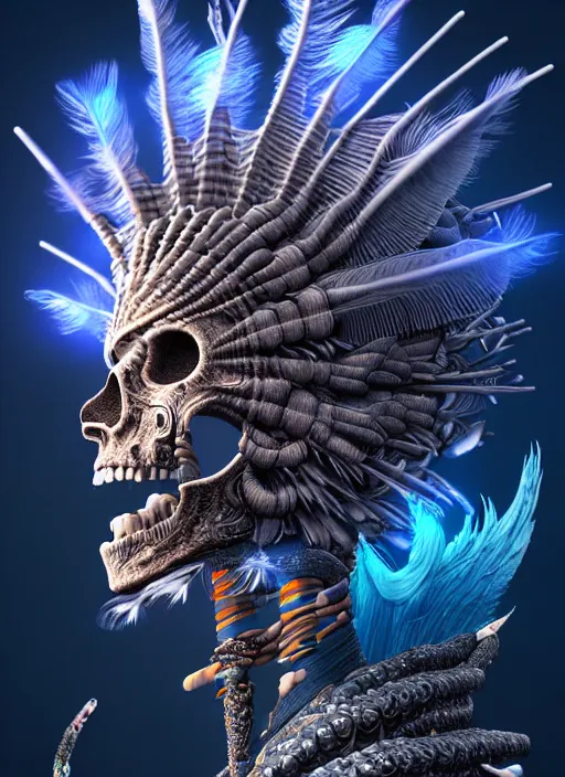 Image similar to 3 d shaman with tattoos profile portrait, sigma 5 0 0 mm f / 5. beautiful intricate highly detailed quetzalcoatl skull and feathers. bioluminescent, plasma, frost, water, wind, creature, gradient background, thunderstorm! artwork by tooth wu and wlop and beeple and greg rutkowski, 8 k trending on artstation,