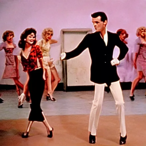 Prompt: Still of Grease (1976) with a tap dance by Fred Astaire and Ginger Rogers, cinematic, technicolor.