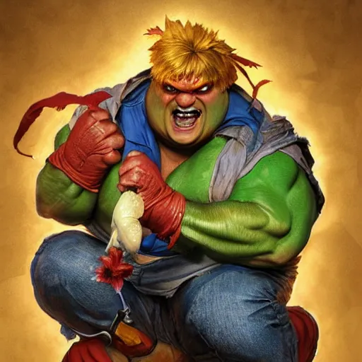 Prompt: chris farley as blanka from street fighter, squatting, ultra realistic, concept art, intricate details, eerie, highly detailed, photorealistic, octane render, 8 k, unreal engine. art by artgerm and greg rutkowski and magali villeneuve and alphonse mucha