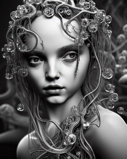 Image similar to mythical dreamy underwater black and white photo of a translucent beautiful young female angelic - medusa - vegetal - doll, highly detailed, intricate crystal ivy jelly ornate, poetic, translucent algae ornate, digital art, octane render, 8 k artistic photography, photo - realistic, hg giger