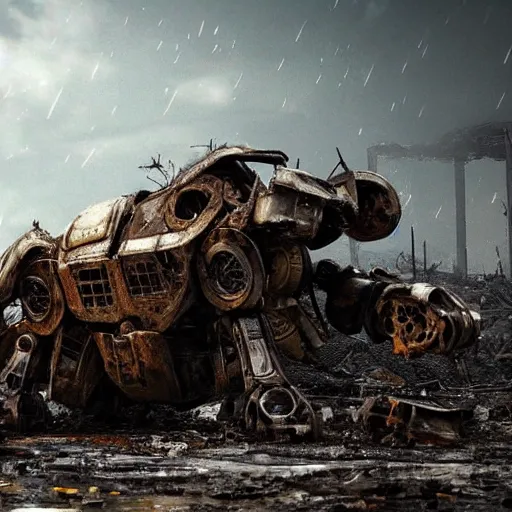 Prompt: A beautiful hyper realistic 3d render of a destroyed, charred and rusting mech resting against a burnt out building in a destroyed city with wreckage on the ground, it is raining, by pogrock/artist, f16, trending on artstation