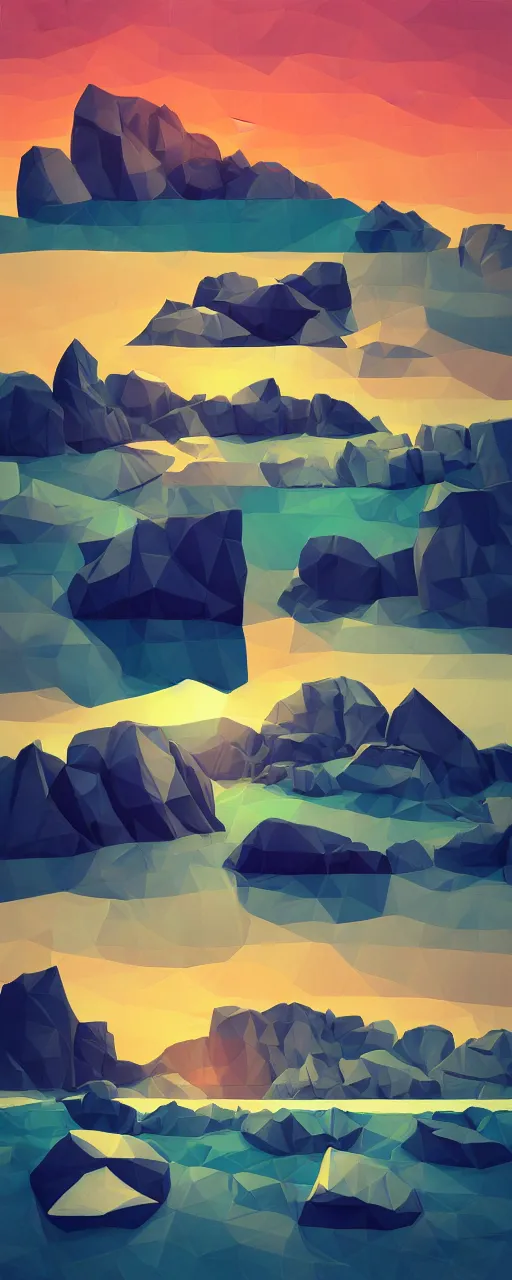 Image similar to super detailed color cutout lowpoly art, northern sunset with rocks on front, monochrome photorealistic bay in the middle of perspective and mountains at background, big graphic vessel in the middle of composition, unreal engine, high contrast color palette, 3 d render, lowpoly, colorful, digital art, perspective, full volume composition, robb cobb, robert mccall, syd mead