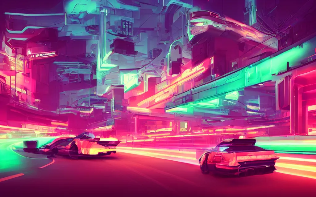 Image similar to a car drifting on a neon road, digital art by beeple, in the style of retrowave