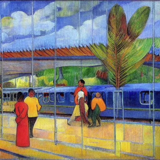 Prompt: modern train station by paul gauguin