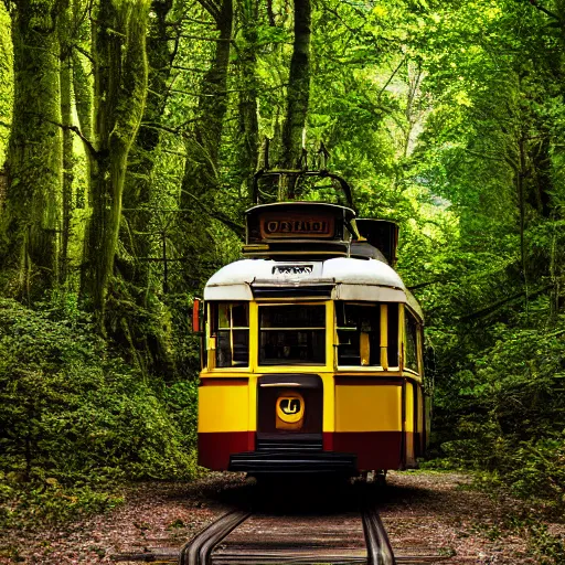 Image similar to Yellow oldschool Tram in a forest, 8k UHD, high quality, studio photo,