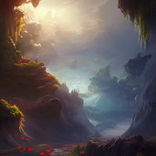 Image similar to a landscape drom amd in abyss by akihito tsukushi, backlight, rim lighting, deep focus, d & d, fantasy, intricate, elegant, highly detailed, digital painting, artstation, concept art, matte, sharp focus, illustration, hearthstone, art by artgerm and greg rutkowski and alphonse mucha