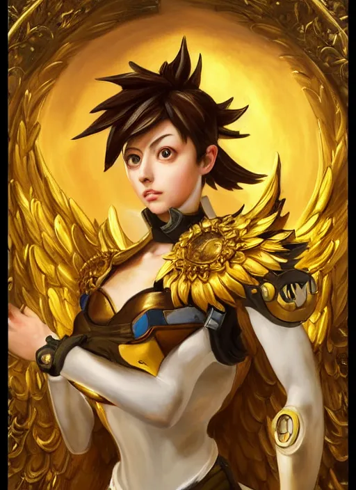 Prompt: full body oil painting of tracer overwatch in the style of sophie anderson, angel wings, angelic golden armor, dramatic painting, symmetrical composition, ornate, high detail, gold detailed collar, blooming, lights, flowers, detailed face,