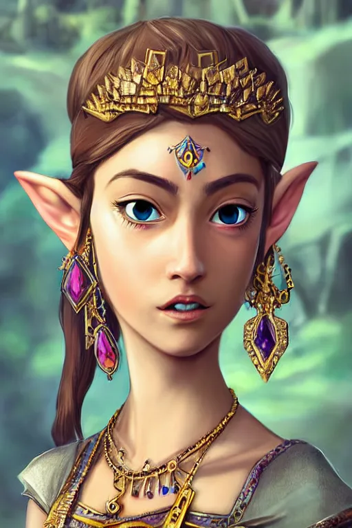 Image similar to beautiful very detailed portrait of a zelda princess with lots of jewelry in the face, full body, in the background there is a minimalistic palace, digital art , dramatic cinematic lighting rendered by octane, 8k, detailed, intricate, clean and textures, trending on artstation, treanding on deviantart, trending on cgsociety, pinterest, by Lauren Brevner + yasutomo oka