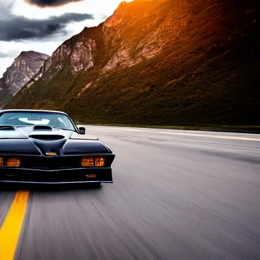 Image similar to black pontiac firebird trans - am driving towards the camera, mountain, valley, breathtaking mountains, lake, dynamic, sunrise, cinematic, motionblur, sunbeams, volumetric lighting, wide shot, low angle, mind flayer, lightning