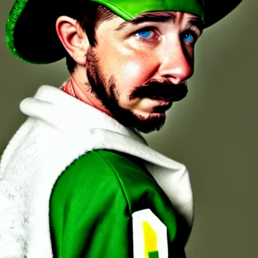 Prompt: uhd candid photo of hyperdetailed shia lebeuouf dressed as luigi. correct face, cinematic lighting, photo by annie leibowitz, and steve mccurry.