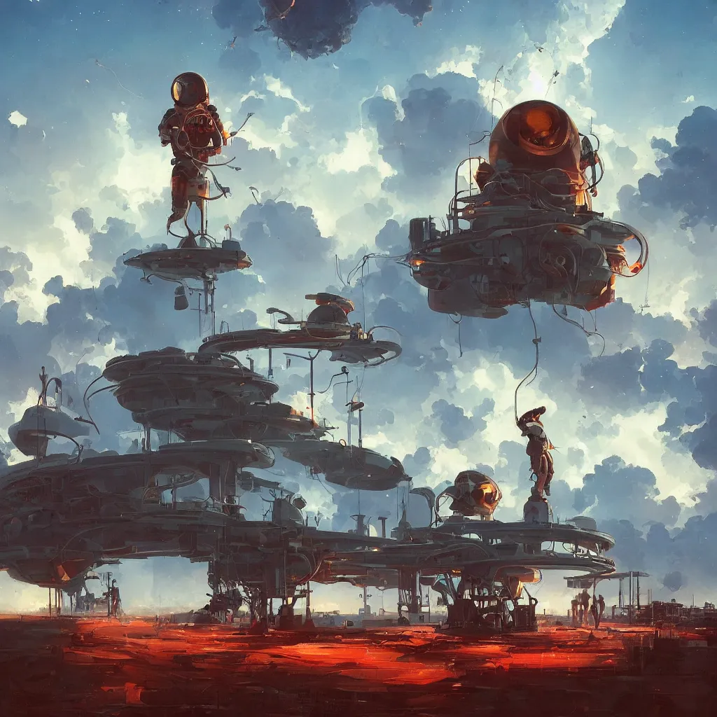 Image similar to atom, by greg rutkowski, by rhads, by jesper ejsing, so many wires, sharp focus, man standing, colony, atom, crowd, steam punk, blue space ship in sky, astronaut, earthquake