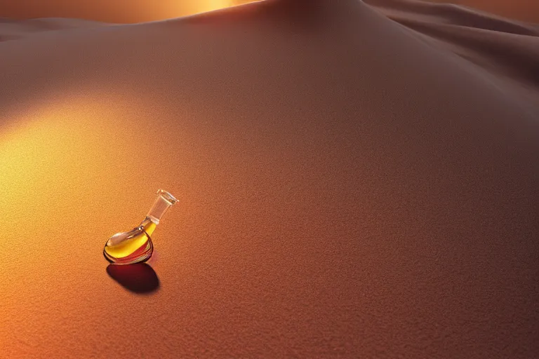 Prompt: perfume bottle buried in a sandy dreamy dune, marmelade orange colors, dramatic, mid day, sand dune background, large scale, hyperrealistic, lots of detail, realistic lighting, octane render, by wlop, artgerm, trending on artstation