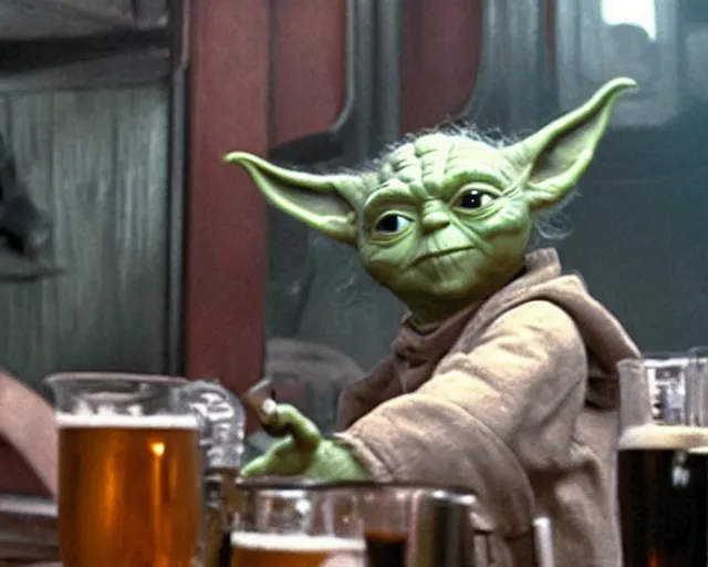 Prompt: film still of yoda drinking beer in a crowded bar in the new star wars movie 4 k