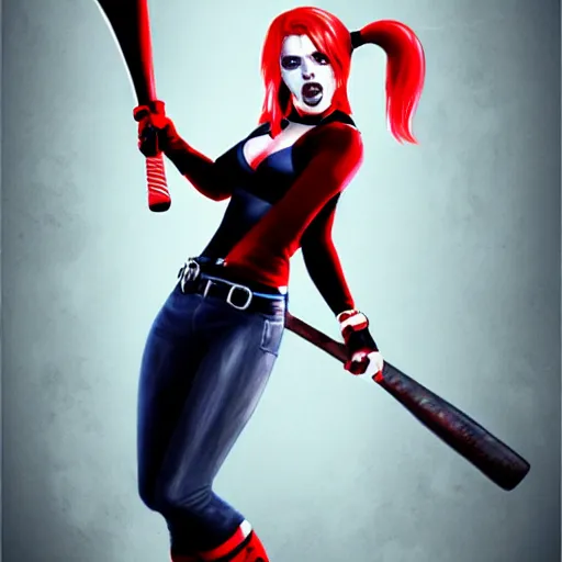 Image similar to Scarlett Johansson as Harley Quinn, holding bat, digital, artstation