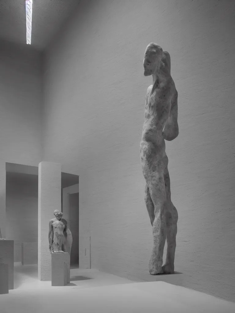 Prompt: single clay museum sculpture, no pedestal, symbolic representation of contested restraint, in a large hall, ambient lighting, single bright spotlight, greyscale museum catalog photograph