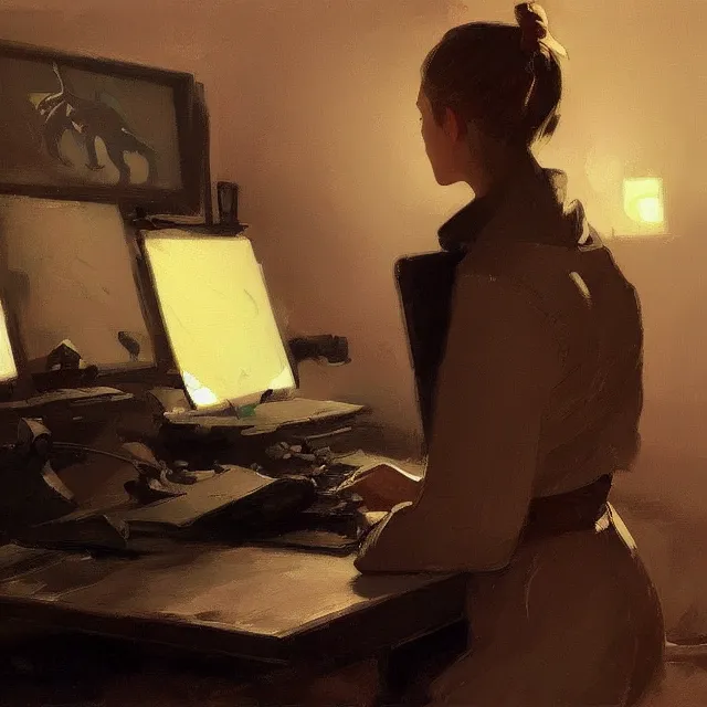 Prompt: teenager on computer dark room, elegant, intricate, digital painting, artstation, concept art, smooth, sharp focus, illustration, art by konstantin korovin and daniel f. gerhartz and john howe